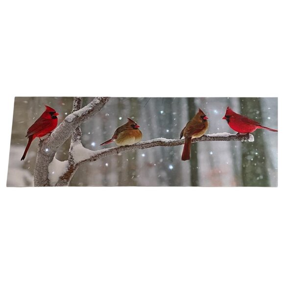 LED Lighted Cardinals Snowy Branch Canvas Wall Picture - Picture 4 of 13